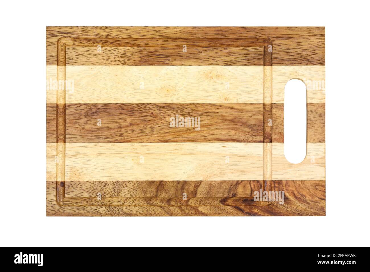 Top view of a new wooden cutting board isolated on white background Stock Photo