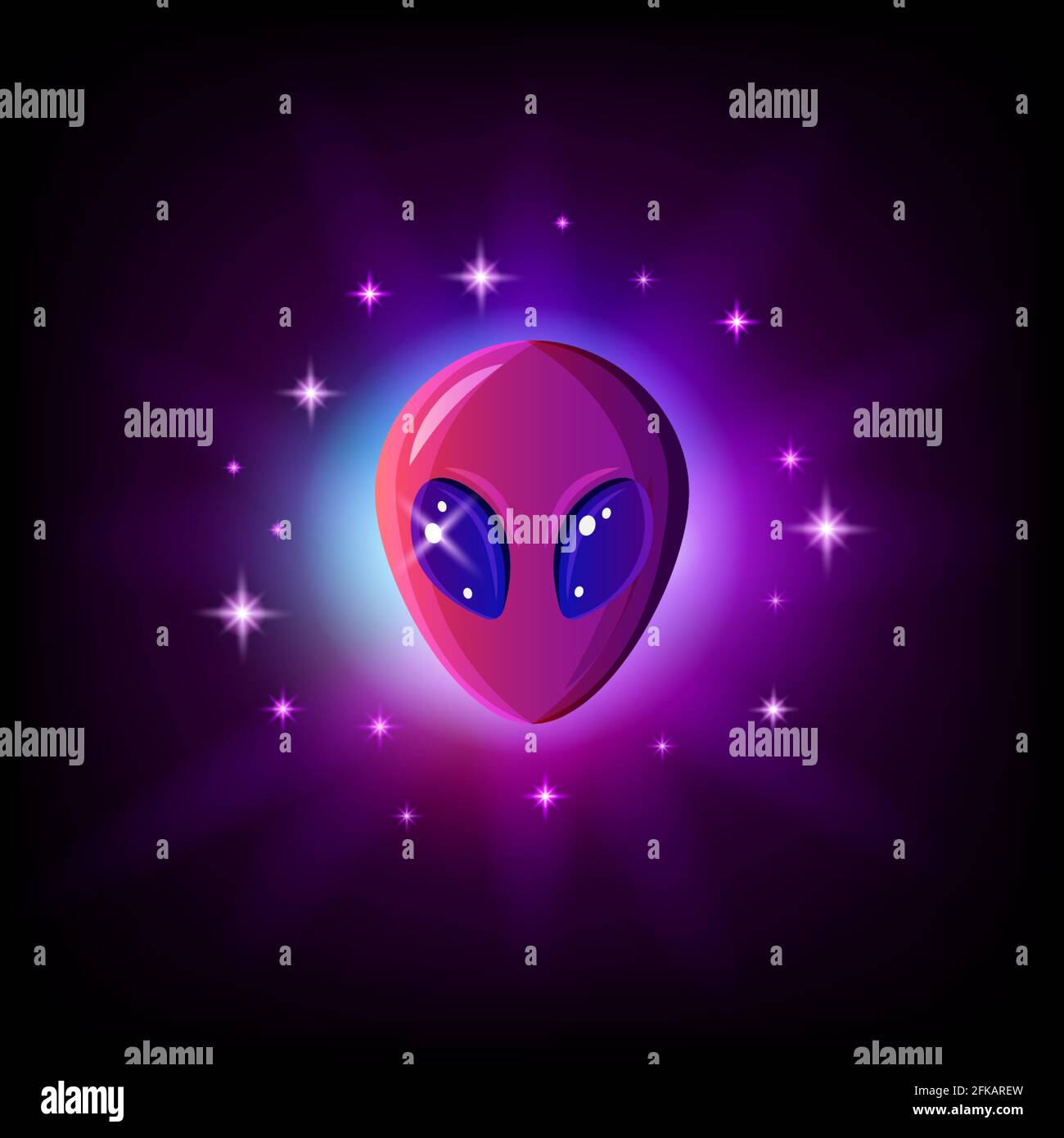 Alien face with big eyes in outer space with stars. Extraterrestrial humanoid head vector illustration. Stock Vector