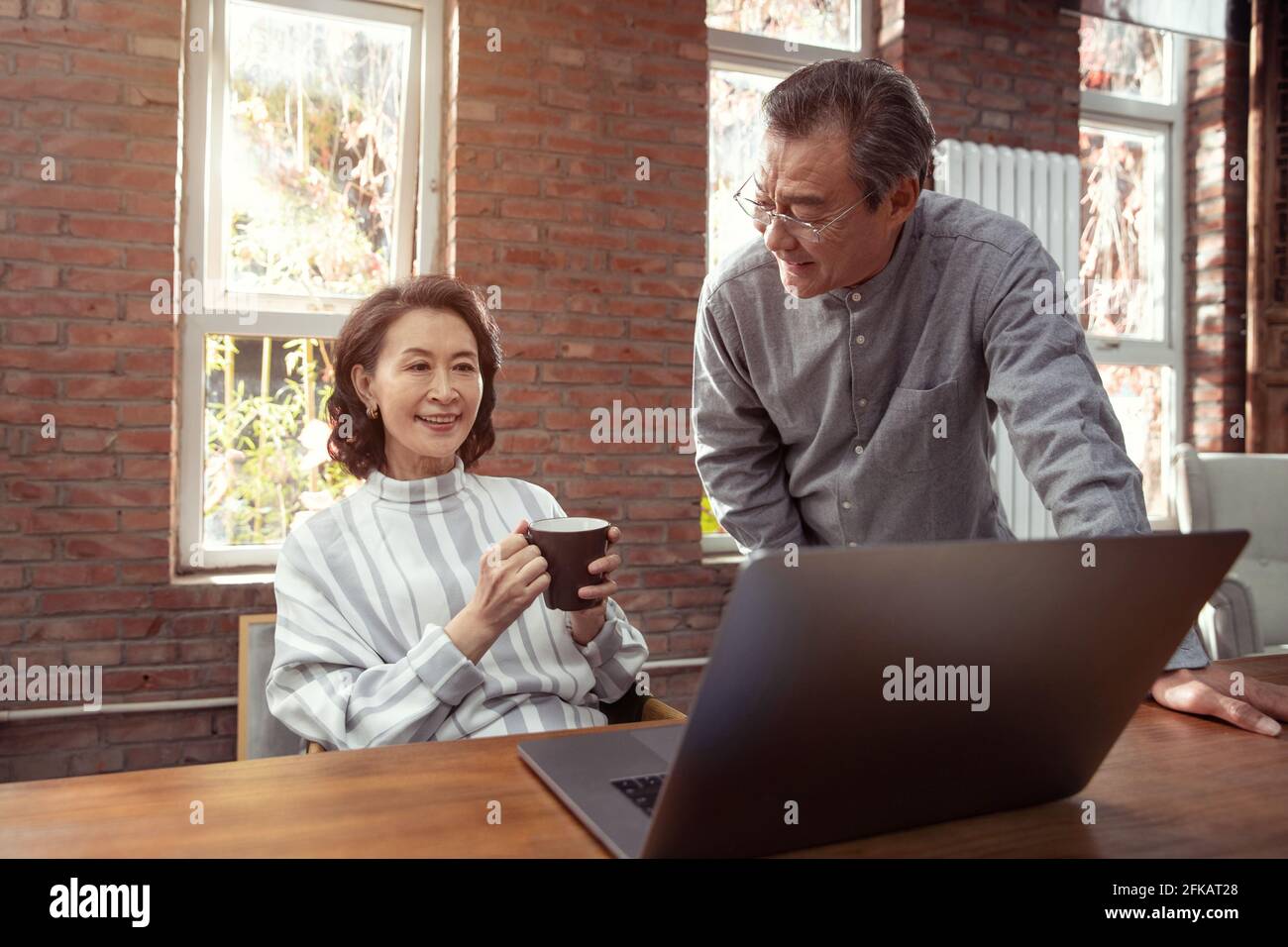 Happy elderly couple using laptops Stock Photo
