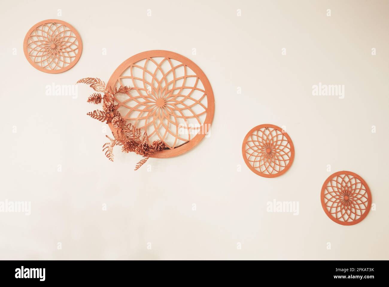 Modern minimal home interior design. decorative straw plates on wall, Scandinavian style of