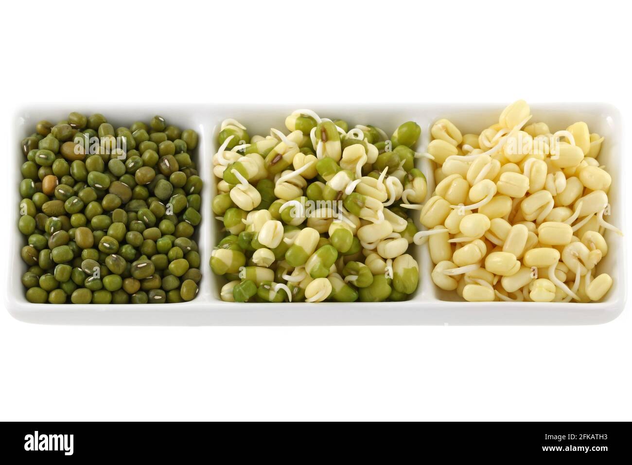 Dried and soaked Mung Bean Green gram sprouts with and without green skins Stock Photo