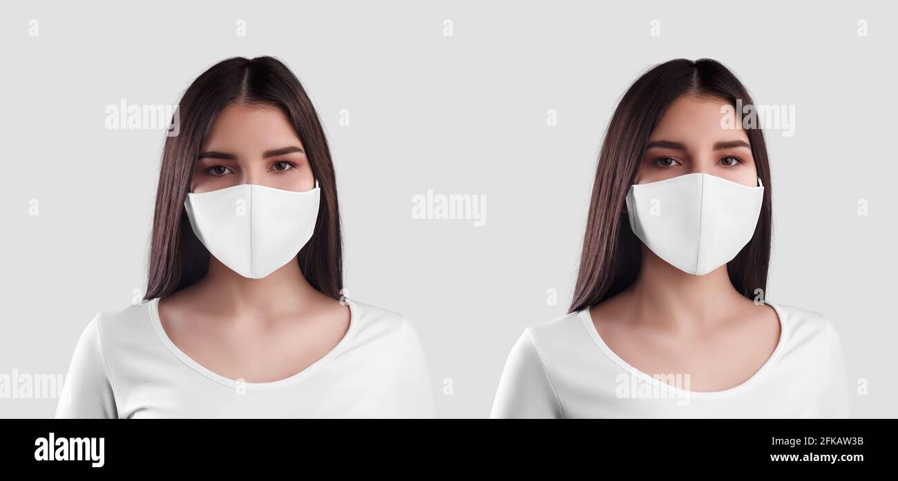 White cloth mask template on beautiful girl isolated on background. Mockup of a fashion bandage on the face for self-defense in case of an epidemic, c Stock Photo