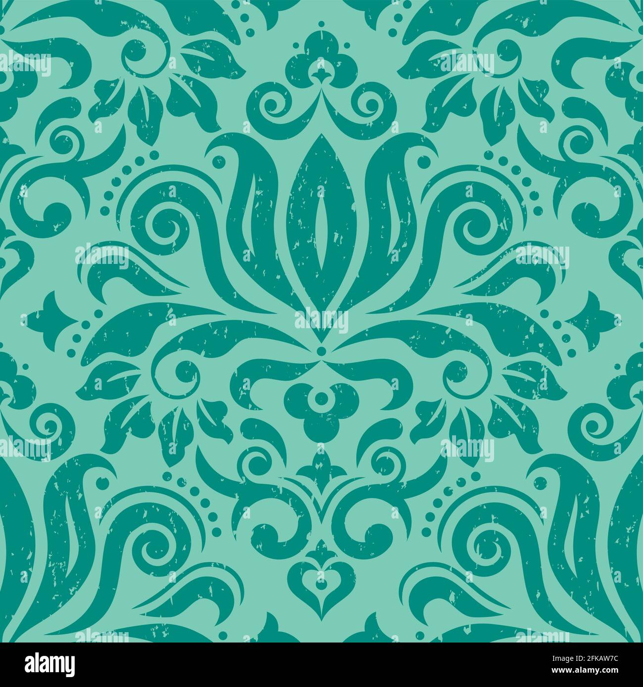 Retro Damask wallpaper or fabric print vector seamless pattern in green, scratched textile vector design with flowers, leaves and swirls Stock Vector