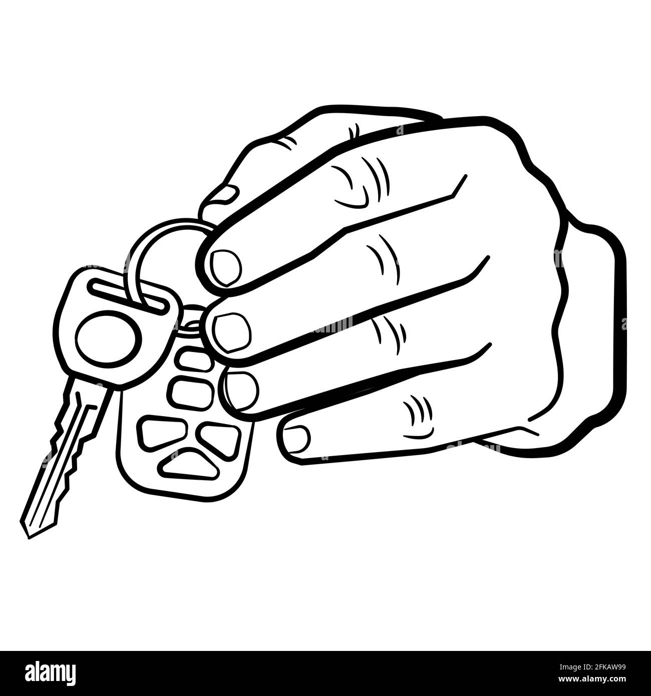 black outline illustration of the hand holding the auto car keys Stock