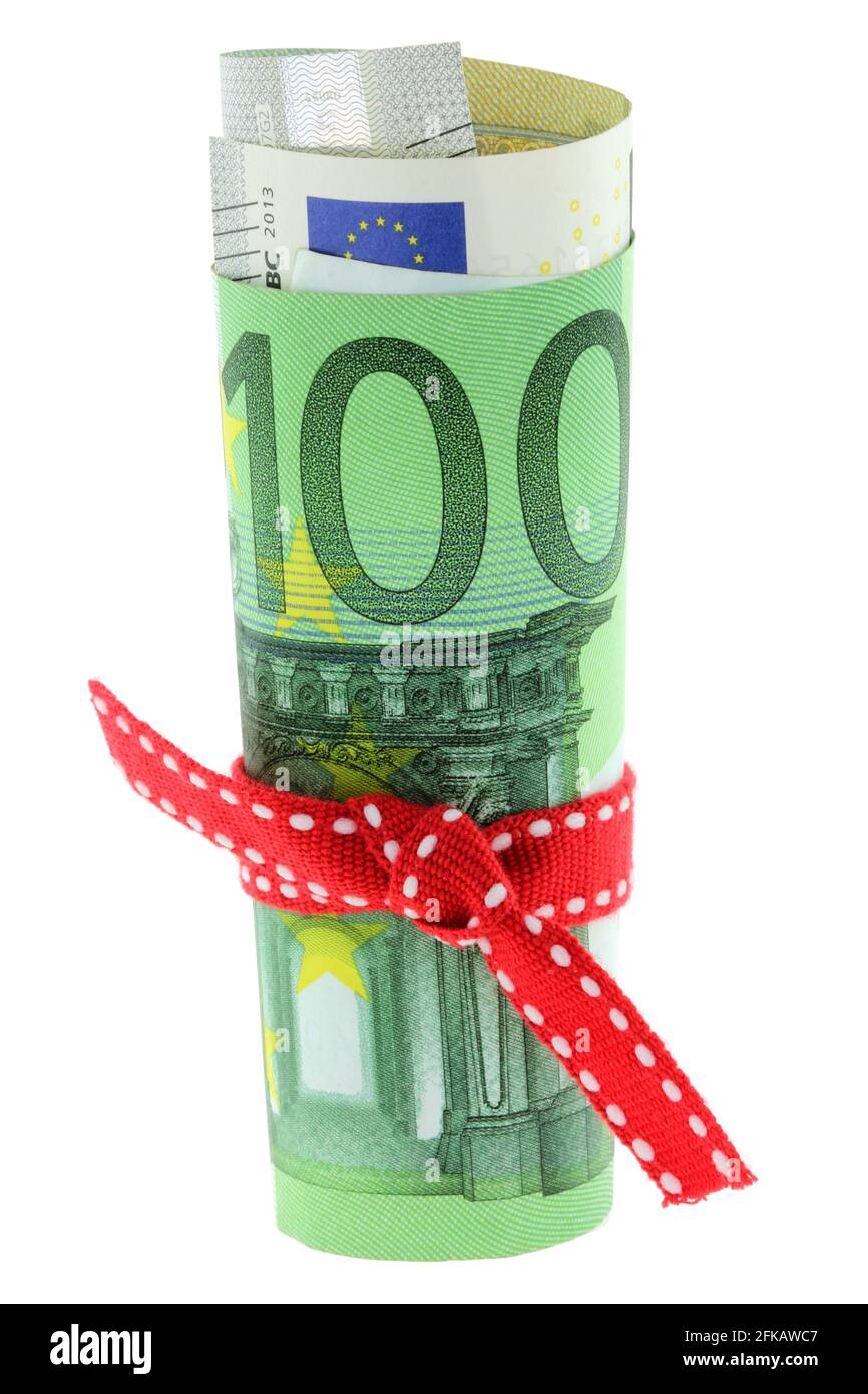 Rolled Euro banknote with a red ribbon Stock Photo - Alamy