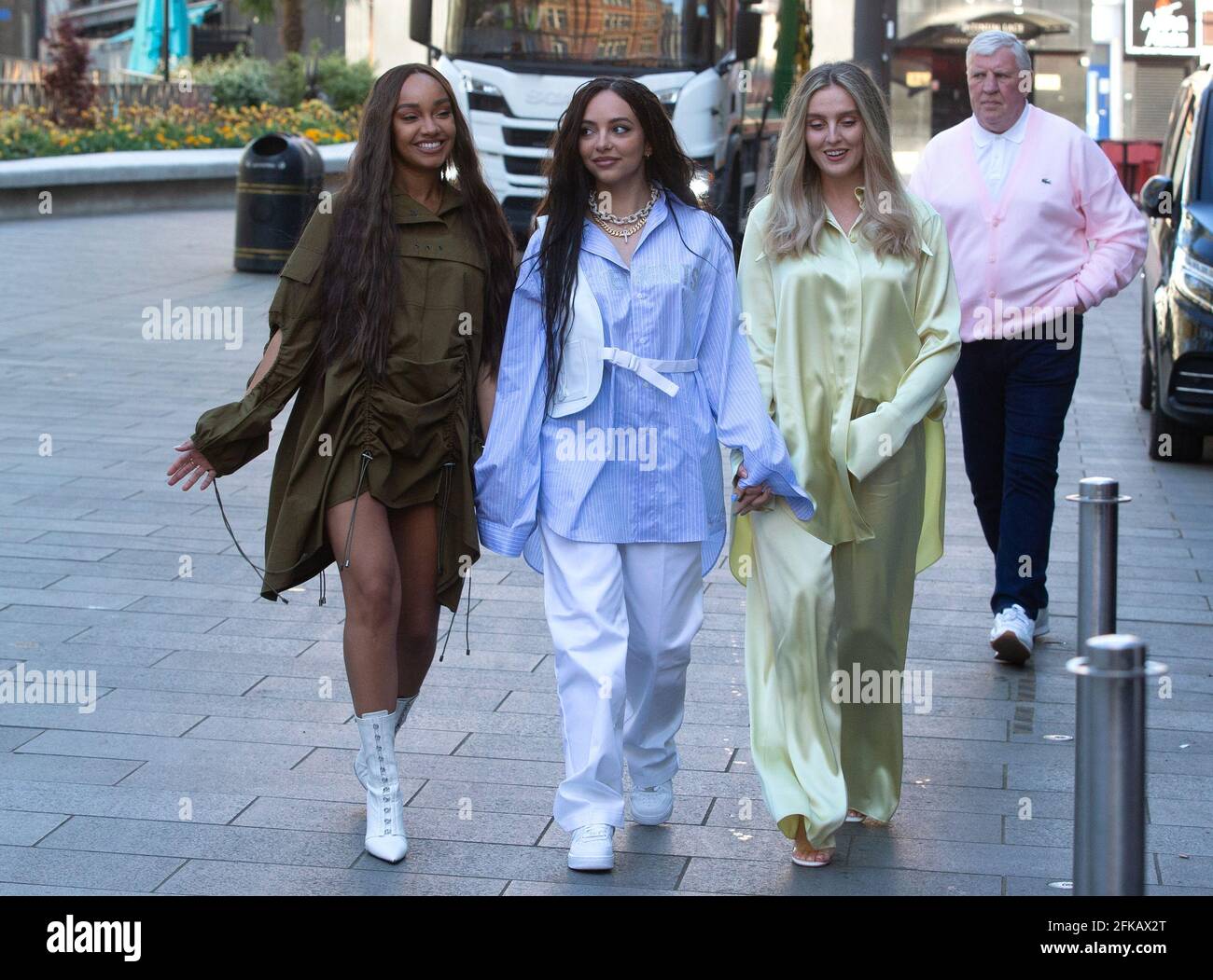 London, UK. 30th April 2021. Little Mix, Leigh-Anne Pinnock, Jade Thirlwall and Perrie Edwards, arrive at the studios of Global Radio in Leicester Square for interviews and photographs. Credit: Tommy London/Alamy Live News Stock Photo