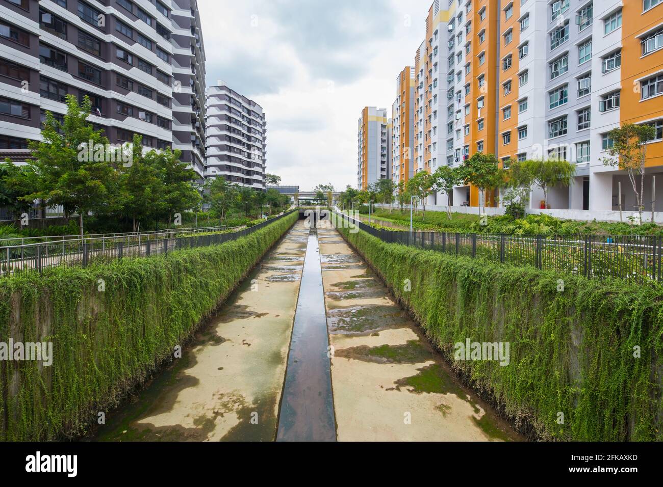 A man-made canal to channel the water during heavy rainfall, creepers plants are grown at the side walls and overall improve aesthetic look. Stock Photo
