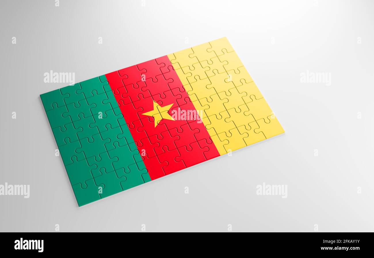 A jigsaw puzzle with a print of the flag of Cameroon, pieces of the puzzle isolated on white background. Fulfillment and perfection concept. Symbol of Stock Photo