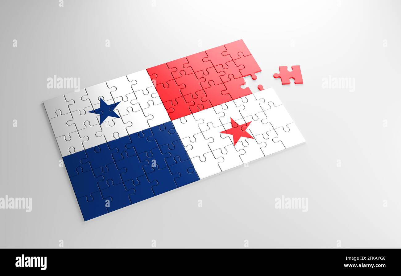 A jigsaw puzzle with a print of the flag of Panama, pieces of the puzzle isolated on white background. Fulfillment and perfection concept. Symbol Stock Photo