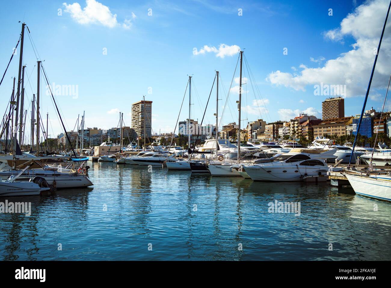 Alicante, Spain. November 21, 2020. Leisure yatchs in the recreational marina of Alicante. Sunny day. Stock Photo