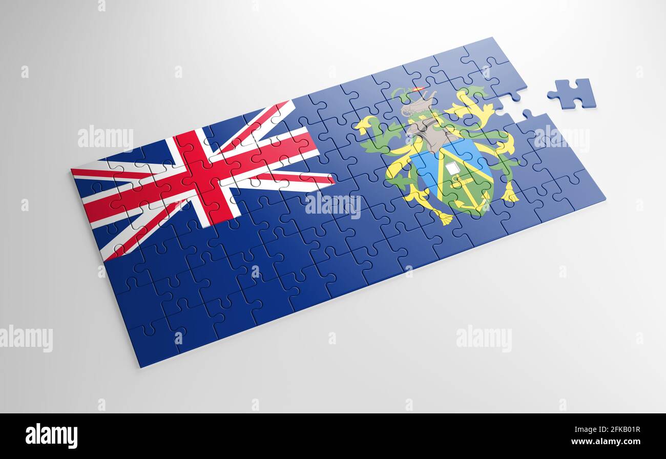 A jigsaw puzzle with a print of the flag of Pitcairn Islands, pieces of the puzzle isolated on white background. Fulfillment and perfection concept. Stock Photo