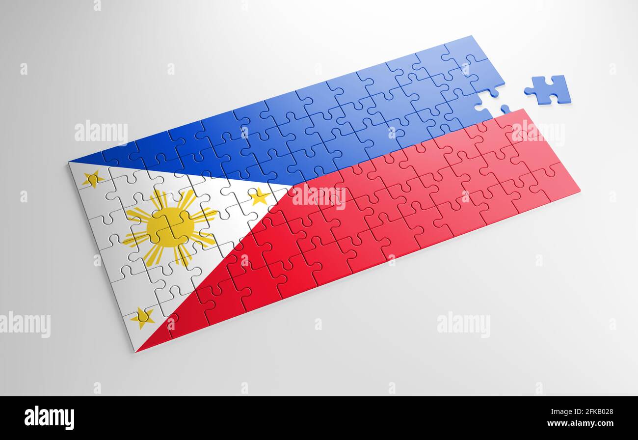 A jigsaw puzzle with a print of the flag of Philippines, pieces of the