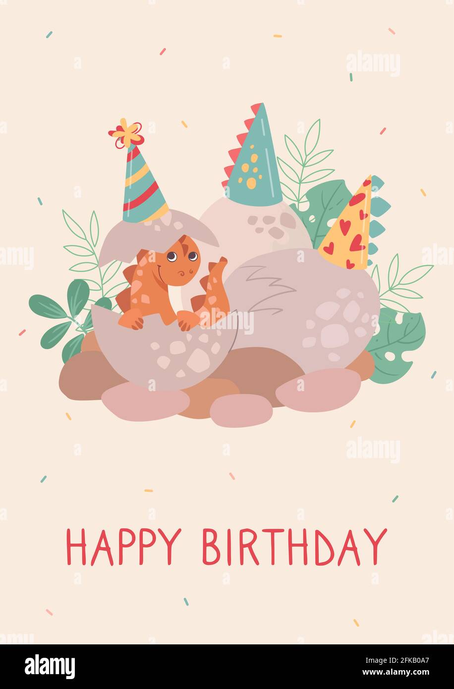 Cute baby birthday card. A small dinosaur hatched from an egg. Dino nest, celebration and fun. Festive vector card for kids. Stock Vector