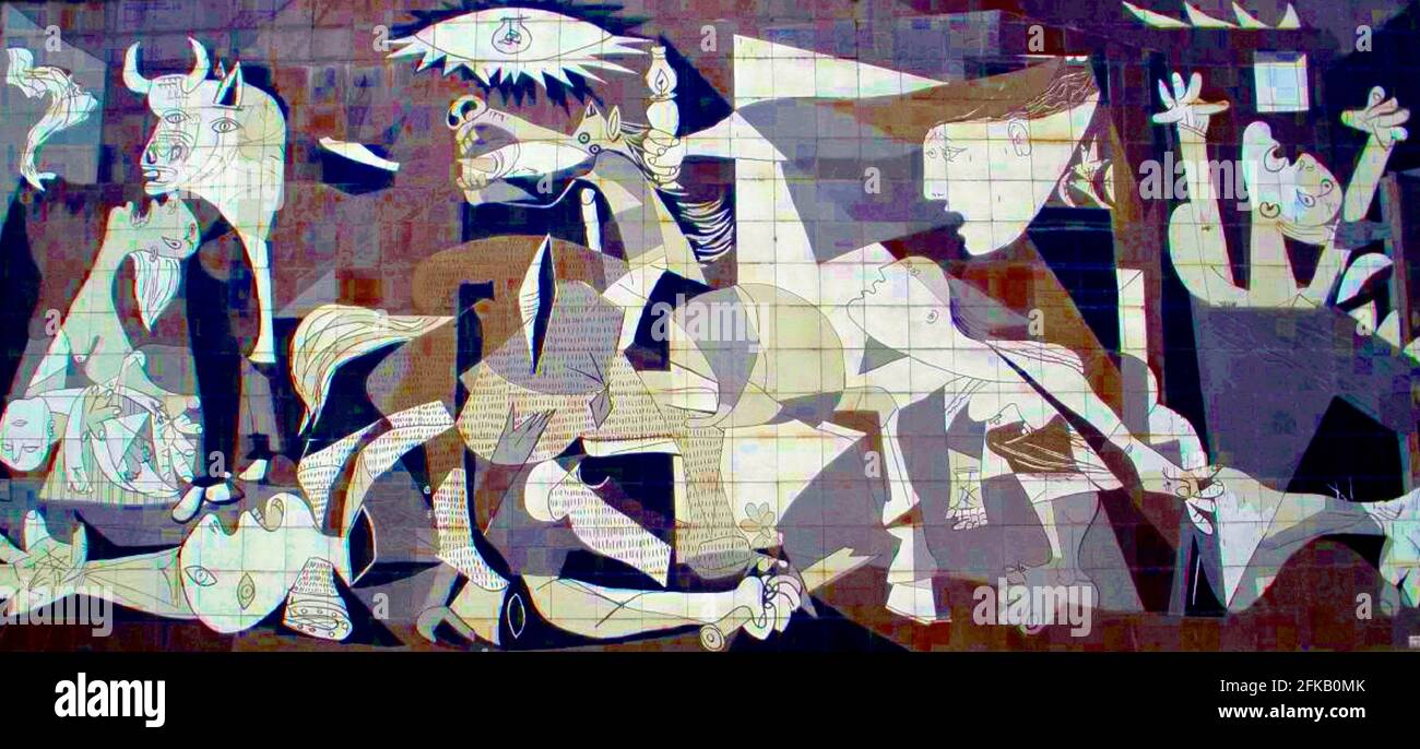 Pablo Picasso - Guernica - Wall mural copy of the famous painting with a little additional colour. Stock Photo