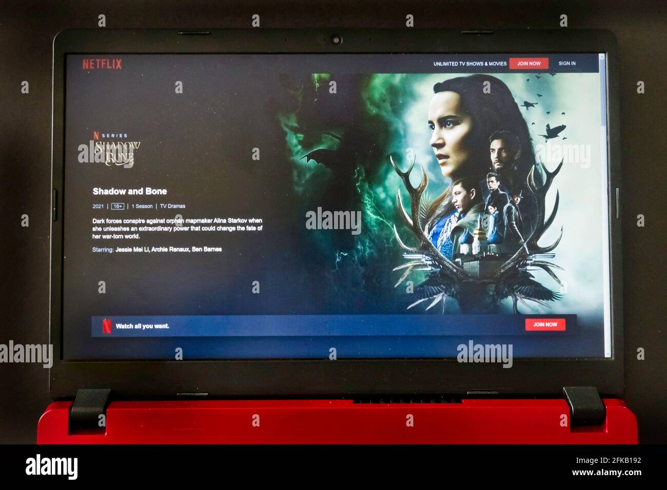 laptop screen with Netflix tv series Shadow and Bone Stock Photo