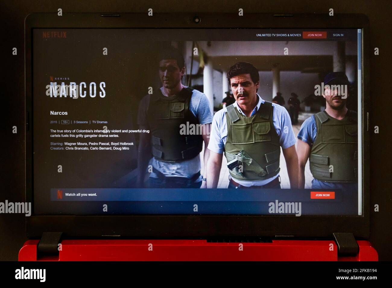 laptop screen with Netflix tv series Narcos Stock Photo