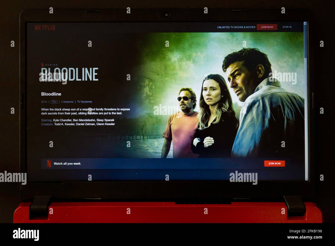 laptop screen with Netflix tv series Bloodline Stock Photo