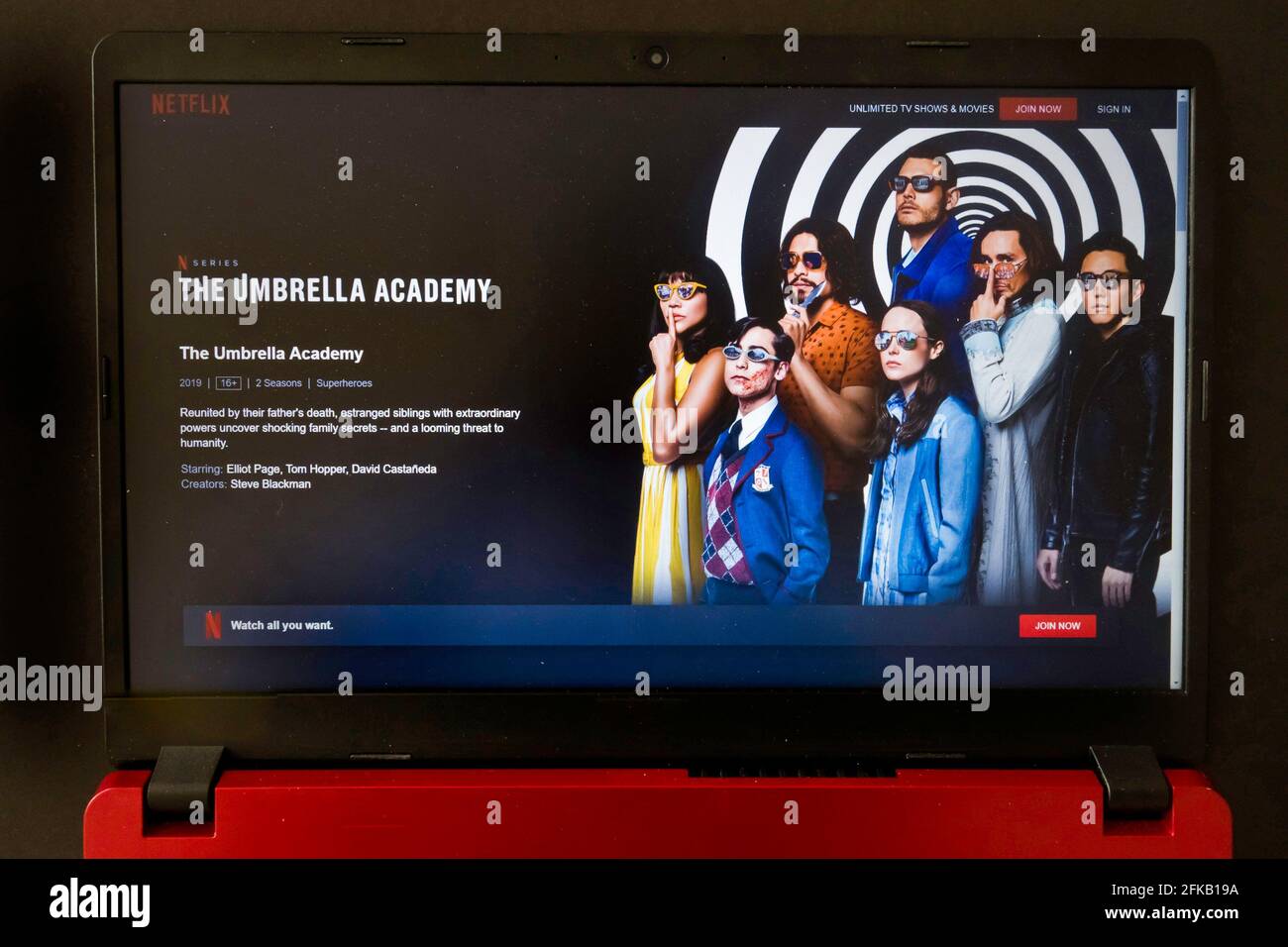 laptop screen with Netflix tv series The Umbrella Academy Stock Photo