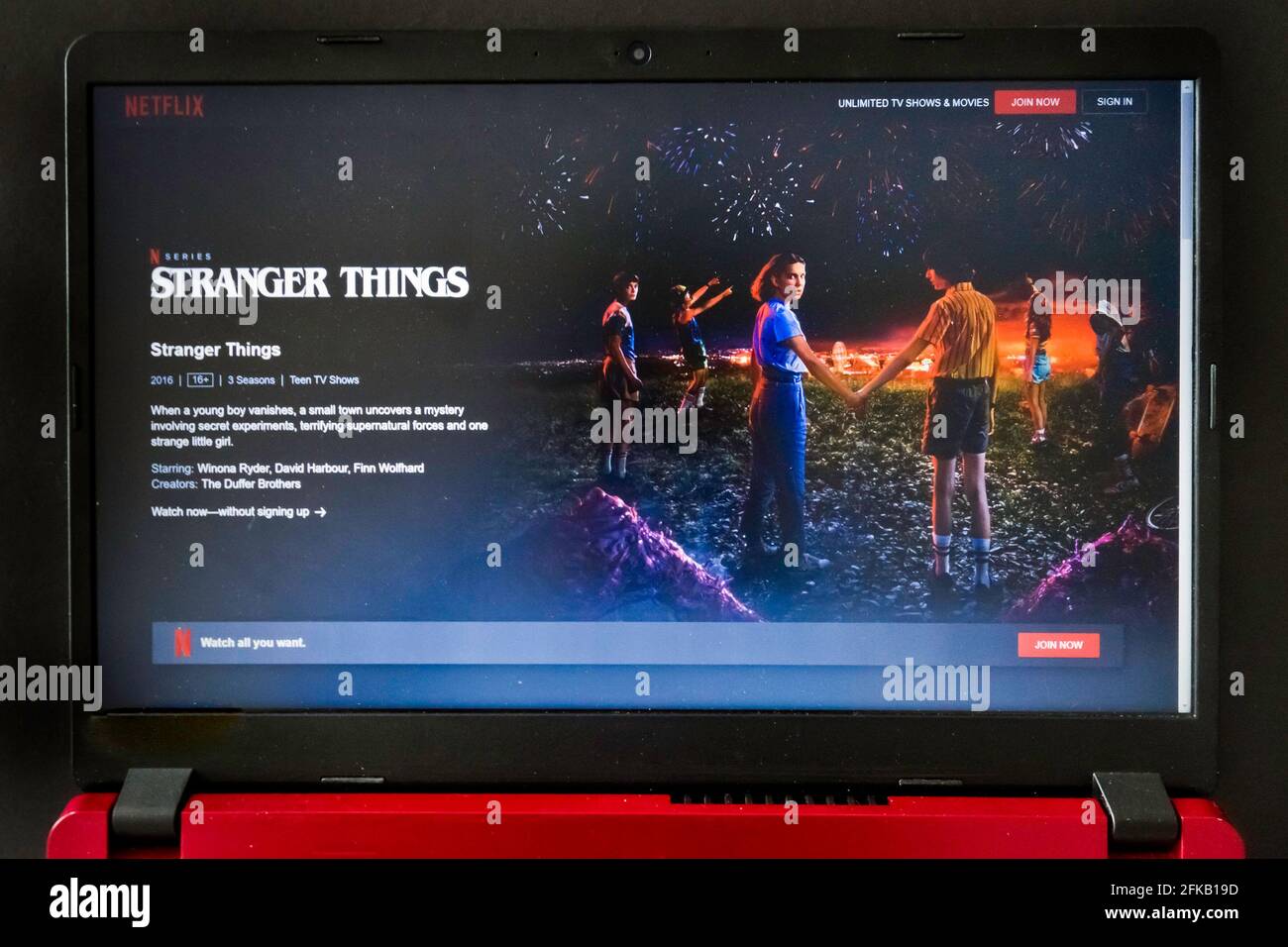 laptop screen with Netflix tv series Stranger Things Stock Photo