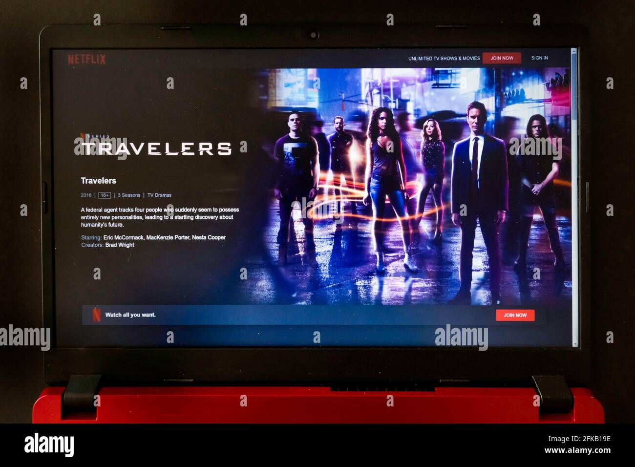 laptop screen with Netflix tv series Travelers Stock Photo