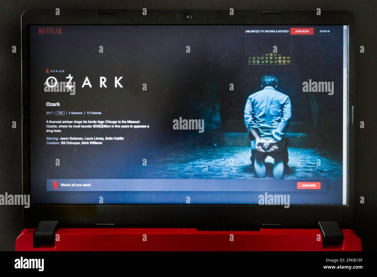 laptop screen with Netflix tv series Ozark Stock Photo