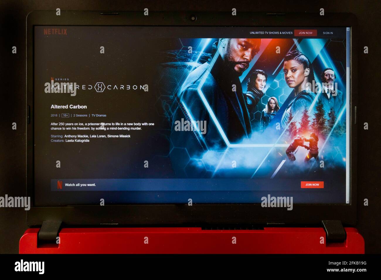 laptop screen with Netflix tv series Altered Carbon Stock Photo