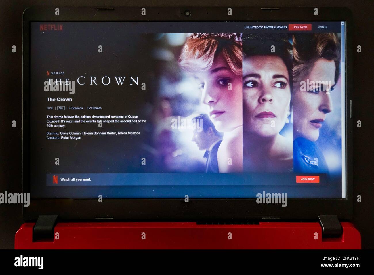 laptop screen with Netflix tv series The Crown Stock Photo