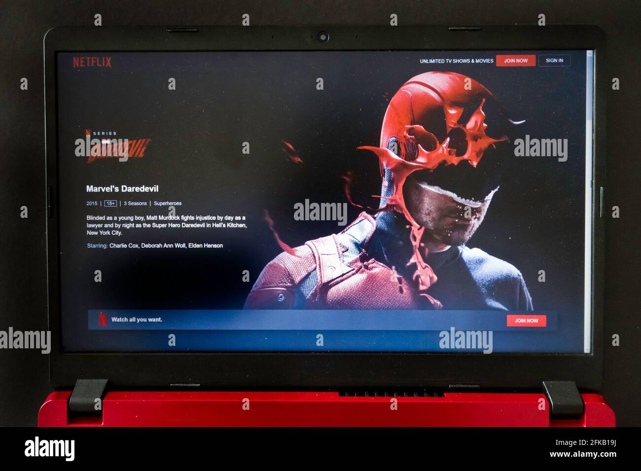 laptop screen with Netflix tv series Daredevil Stock Photo