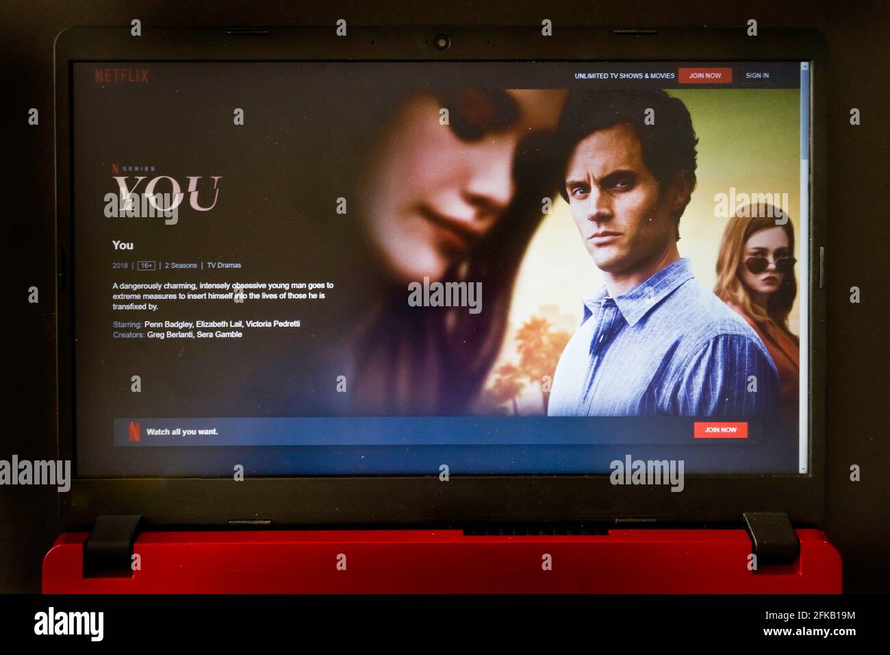 laptop screen with Netflix tv series You Stock Photo