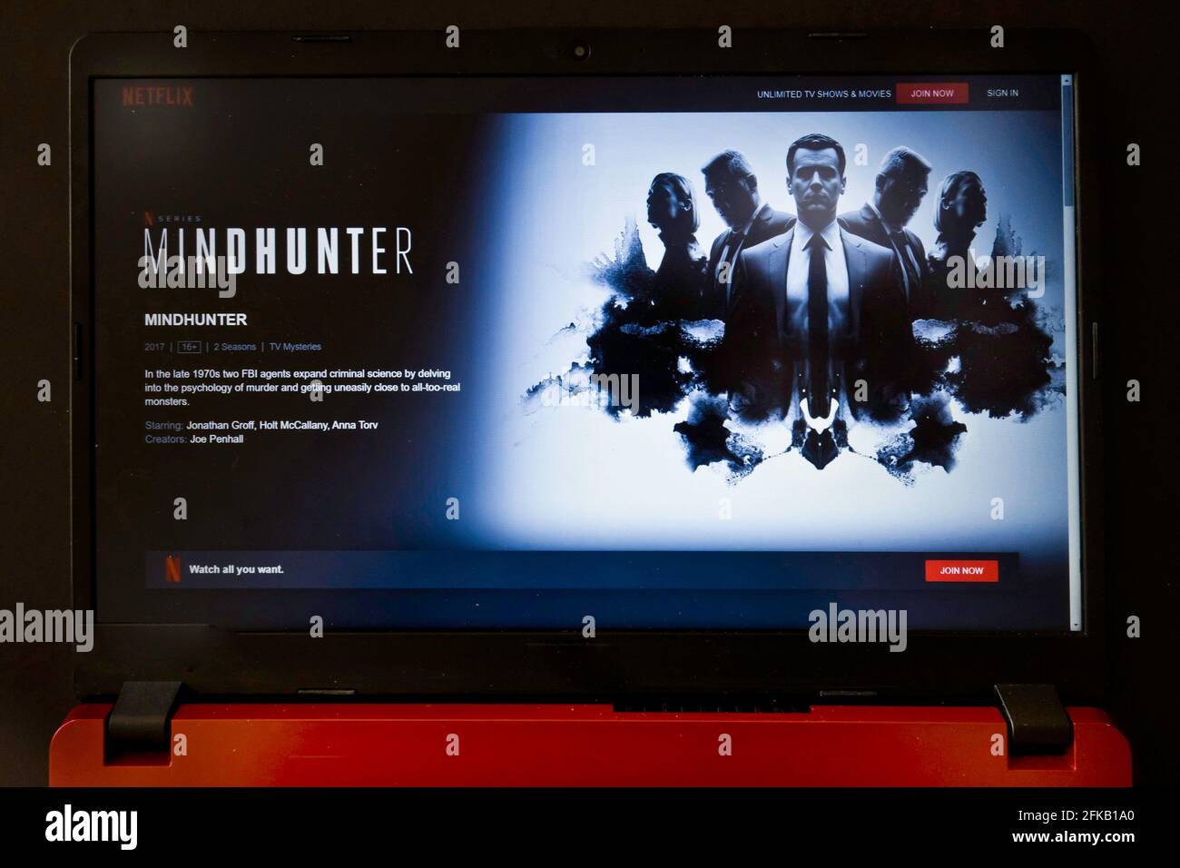 laptop screen with Netflix tv series Mindhunter Stock Photo
