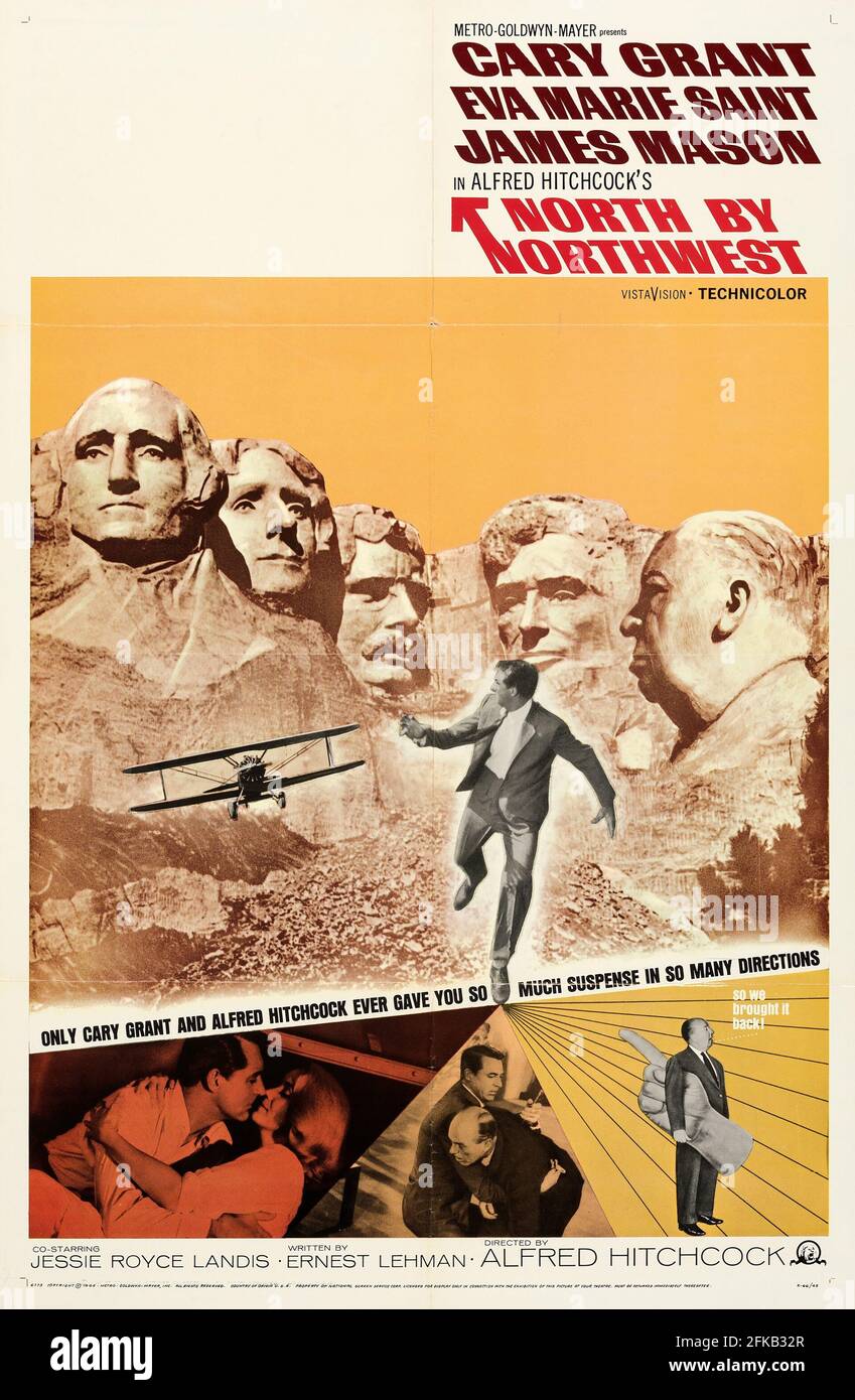 Cary Grant in North by Northwest, Alfred Hitchcock movie poster. Feat. Eva Marie Saint and James Mason. 1959. Stock Photo