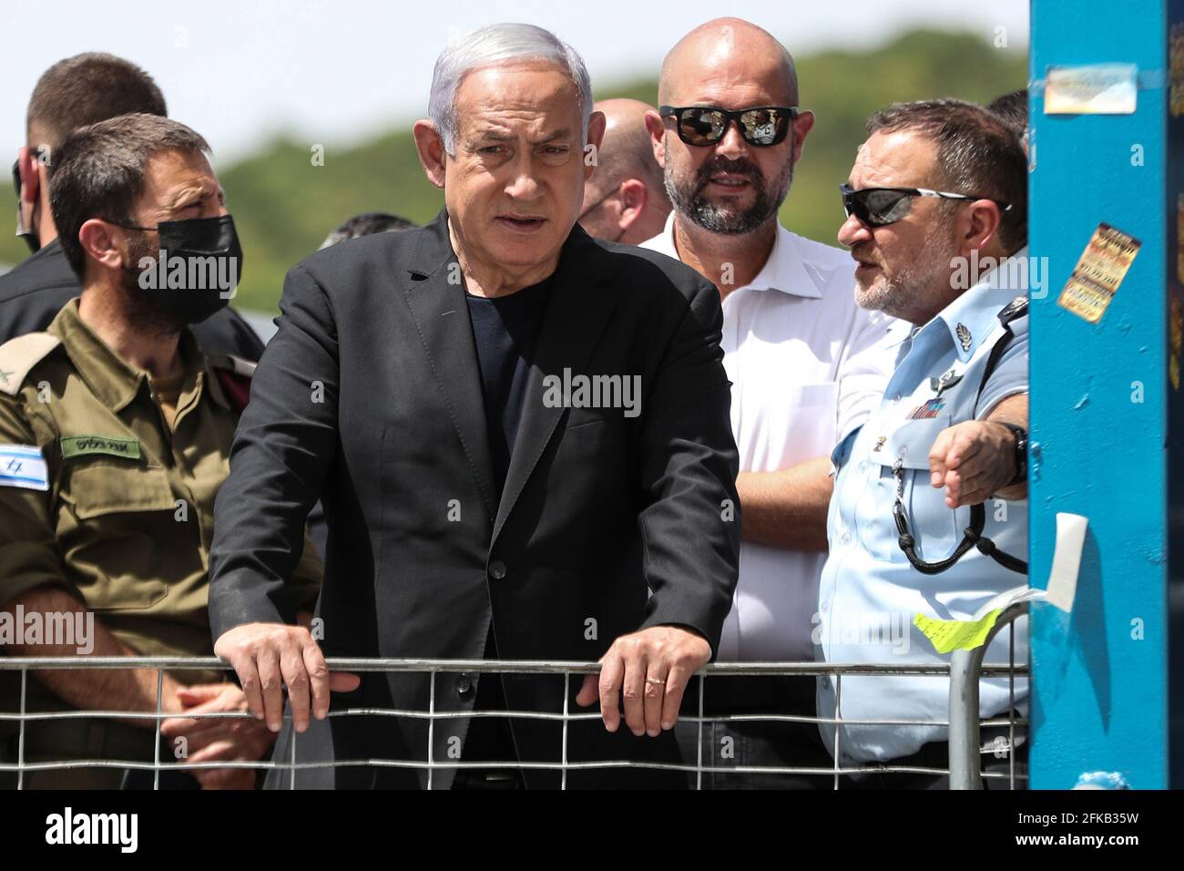 Mount Meron, Israel. 30th Apr, 2021. Israeli Prime Minister Benjamin Netanyahu visits the Jewish Orthodox pilgrimage site of Mount Meron, where dozens of worshippers were killed in a stampede during the Jewish religious festival of Lag Ba'Omer in northern Israel early on Friday. Credit: Ronen Zvulun/Reuters Pool /dpa/Alamy Live News Stock Photo