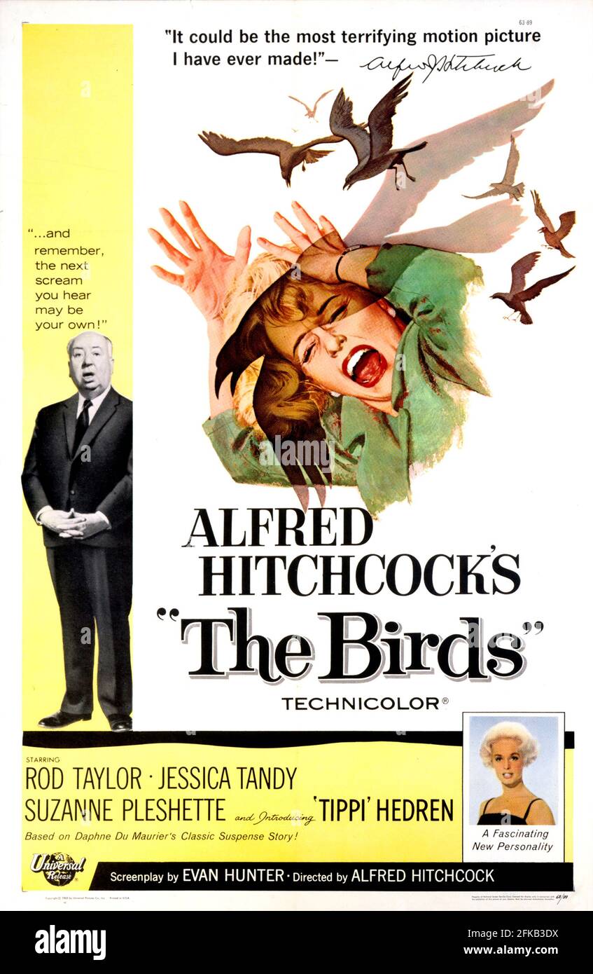 Alfred Hitchcock Movie ad / poster for classic 'The Birds'. 1963. Feat. Tippi Hedren, Rod Taylor, Jessica Tandy and Veronica Cartwright Stock Photo