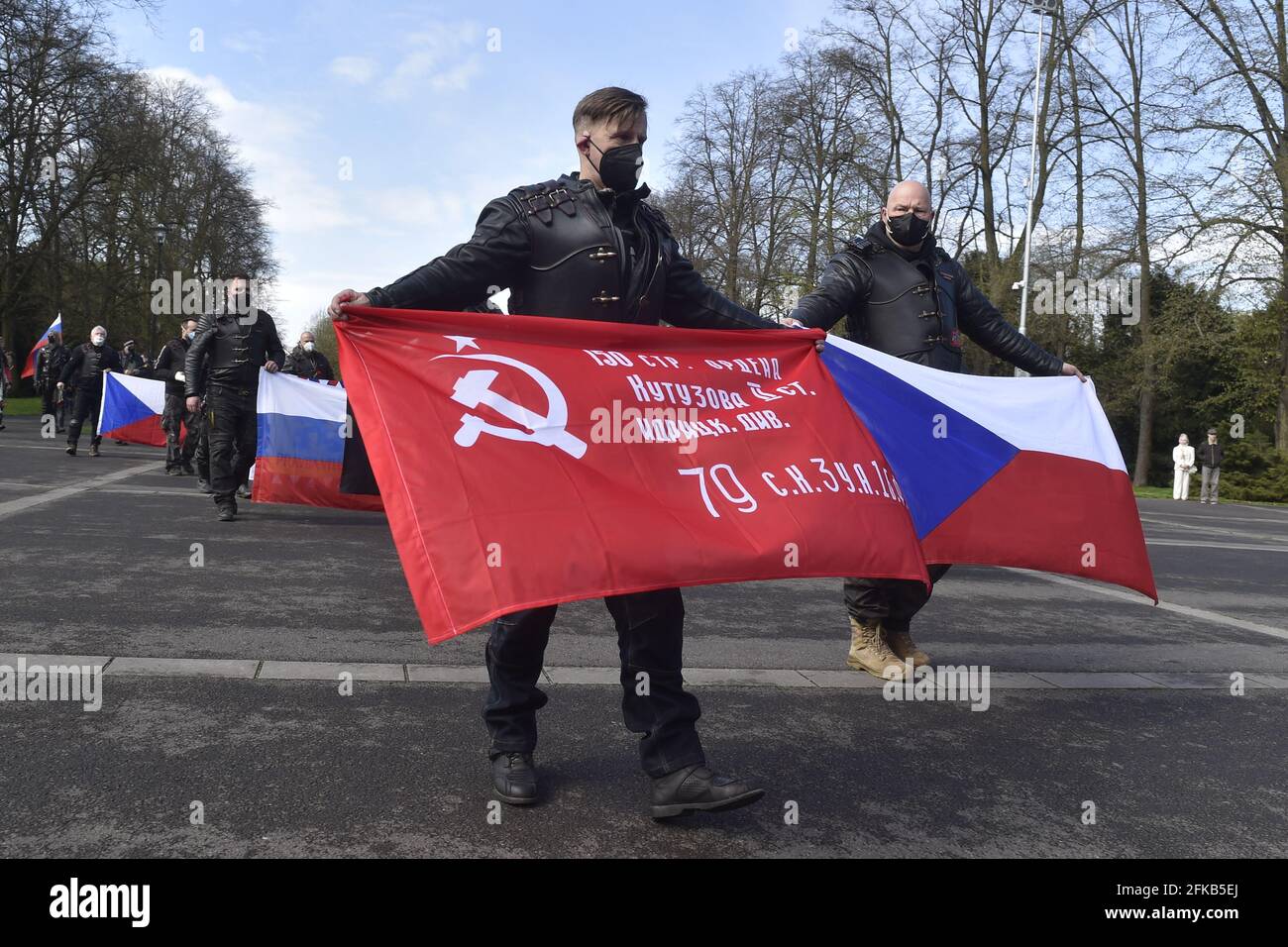 Ostrava, Czech Republic. 30th Apr, 2021. Czech followers of the  controversial Russian nationalist Night Wolves motorcycle club, known for  its close relation to President Vladimir Putin, paid homage to the Soviet  soldiers