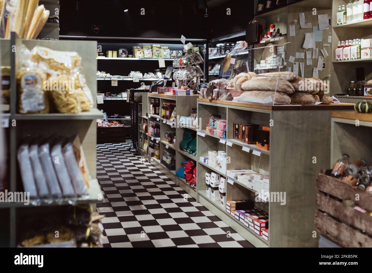 Interior of delicatessen shop with packaged food Stock Photo