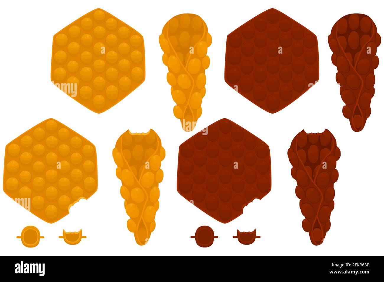 Illustration on theme big kit different types cone waffle with bubbles for dessert biscuit. Waffle consisting of tasty cone shaped biscuit in bubbles. Stock Vector