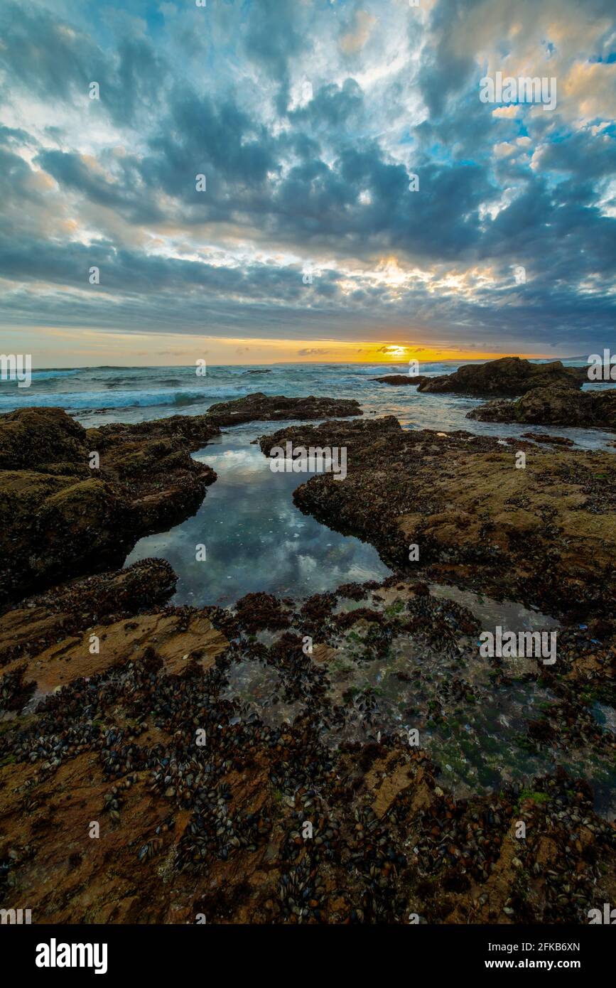 Sunset over the rocky shores east of Glentana beach, Western Cape Stock Photo