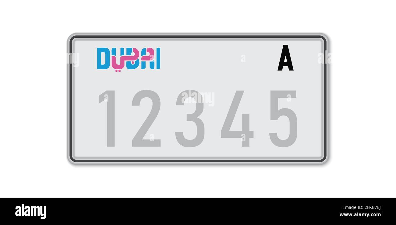 Car number plate Dubai. Vehicle registration license of United Arab Emirates. American Standard sizes Stock Vector