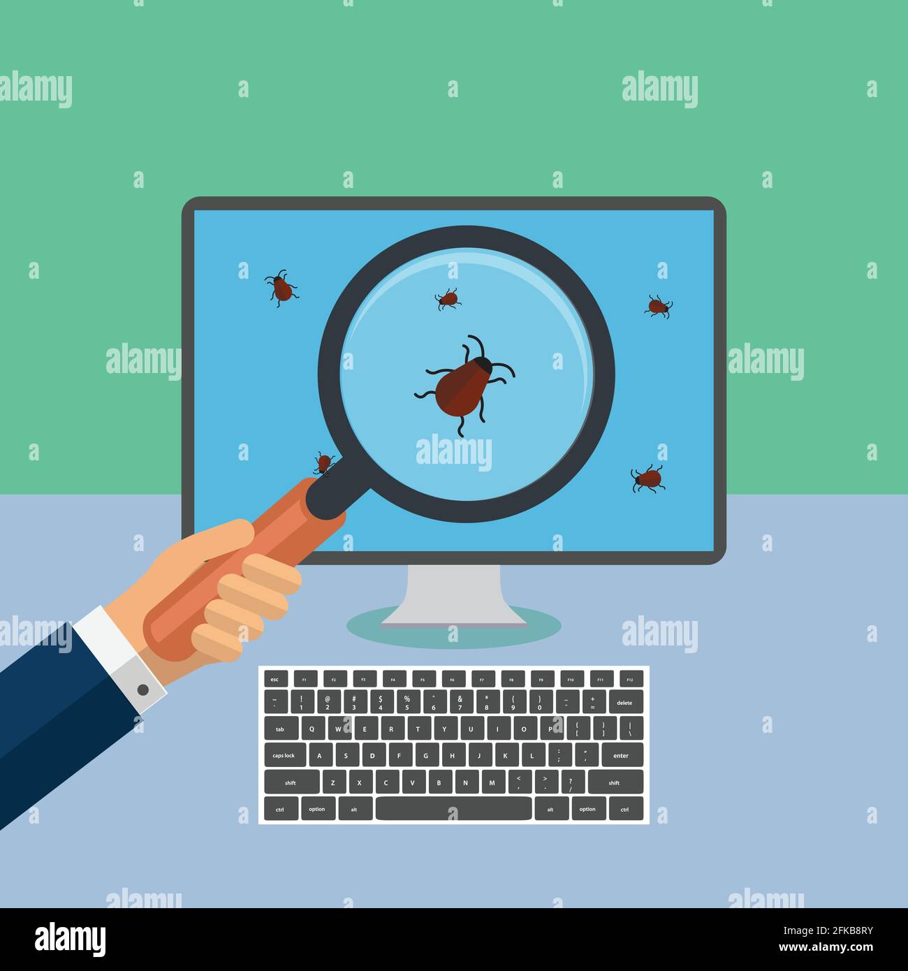 Hand holding a magnifying glass with bugs on a computer screen Stock Vector