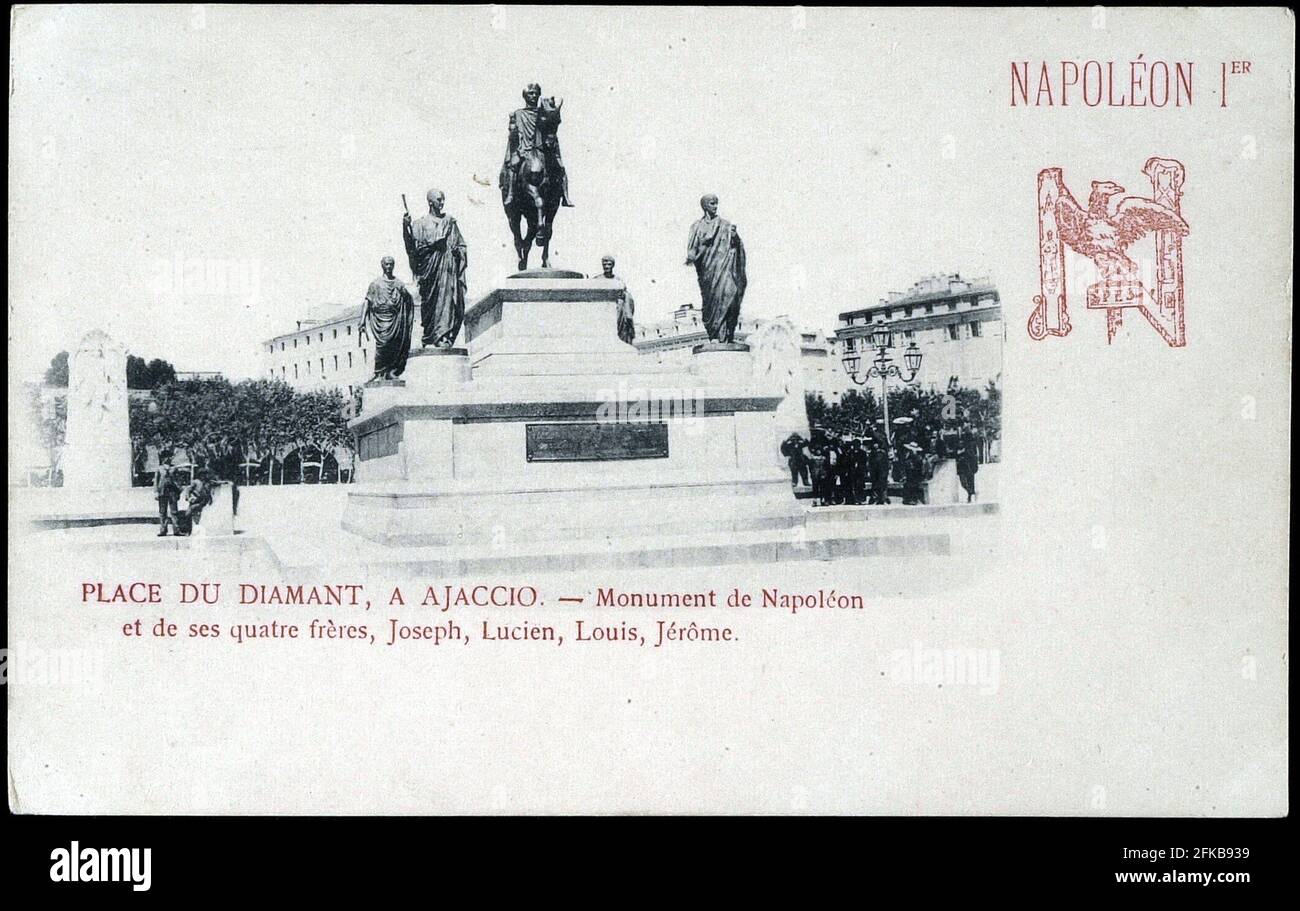Statues of Napoleon I and his brothers Lucien, Joseph, Louis and Jérôme. Ajaccio, place du Diamant.  Paris, Fondation Napoléon Stock Photo