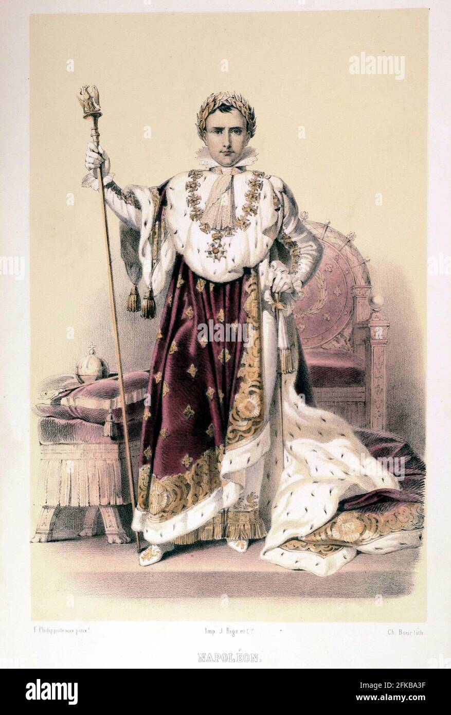 Napoleon I. 1769-1821. Emperor of France (1804-1815). Wearing his coronation gown. Le siècle de Napoléon (The Age of Napoleon) Paintings by F. Philippoteaux. Lithography by Ch. Bour. 1846. Stock Photo