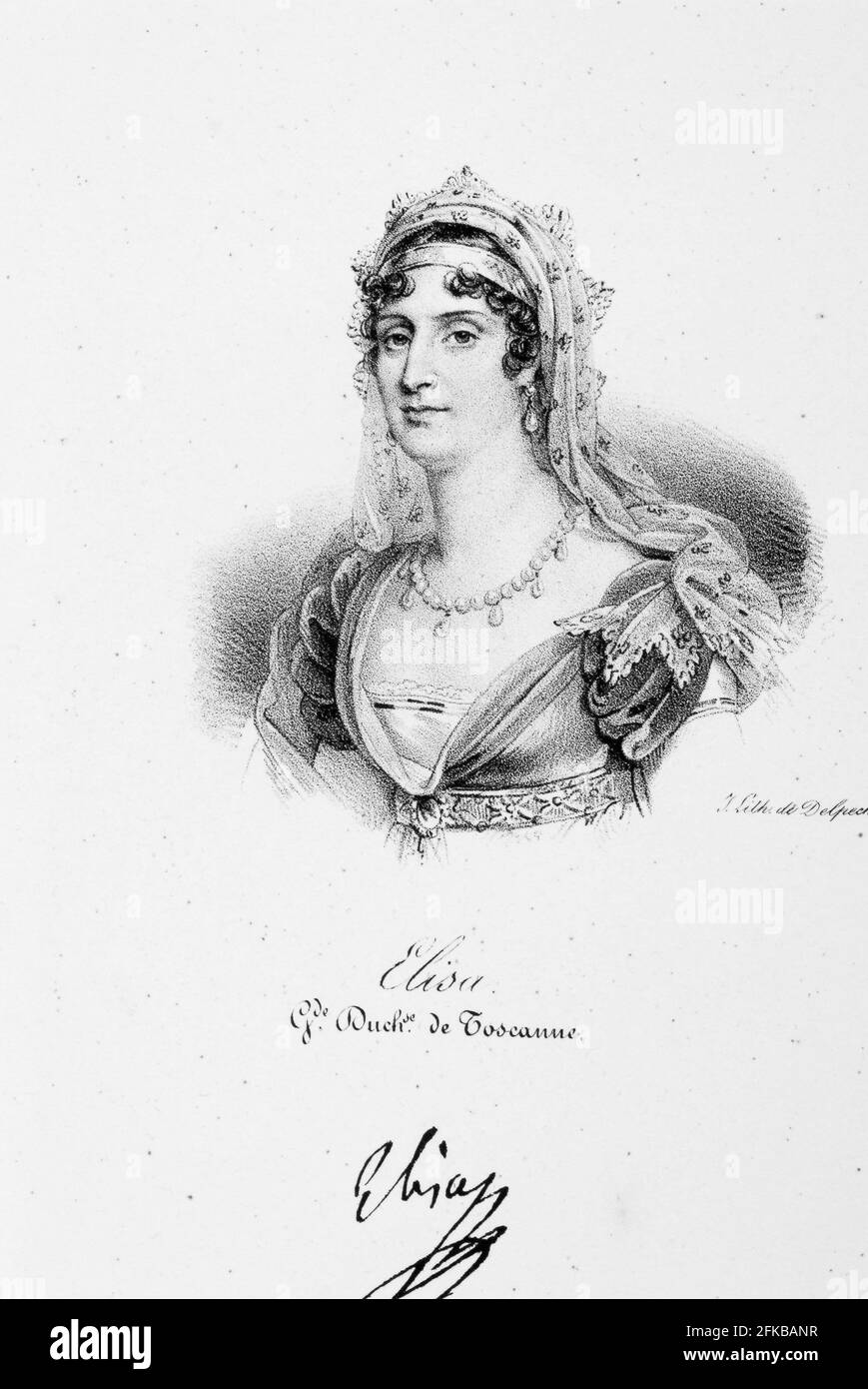Portrait of Elisa Bonaparte (1777-1820), Grand Duchess of Tuscany, sister of Napoleon Bonaparte.   Iconographie des contemporains depuis 1789 jusqu'à 1829, tome premier, Paris, Delpech, 1833. Stock Photo