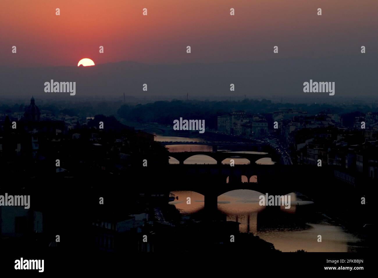 Firenze at sunset, with bridges ueber river Arno, Italy, Tuscany, Florence Stock Photo