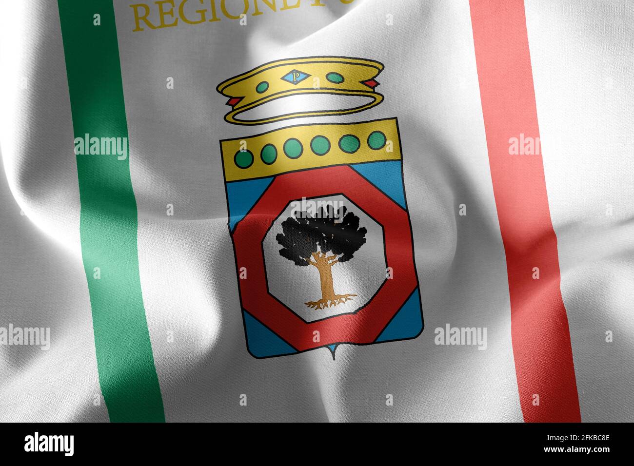 Puglia Rflag 3D illustration flag of Apulia is a region of Italy. Waving on the wind ...