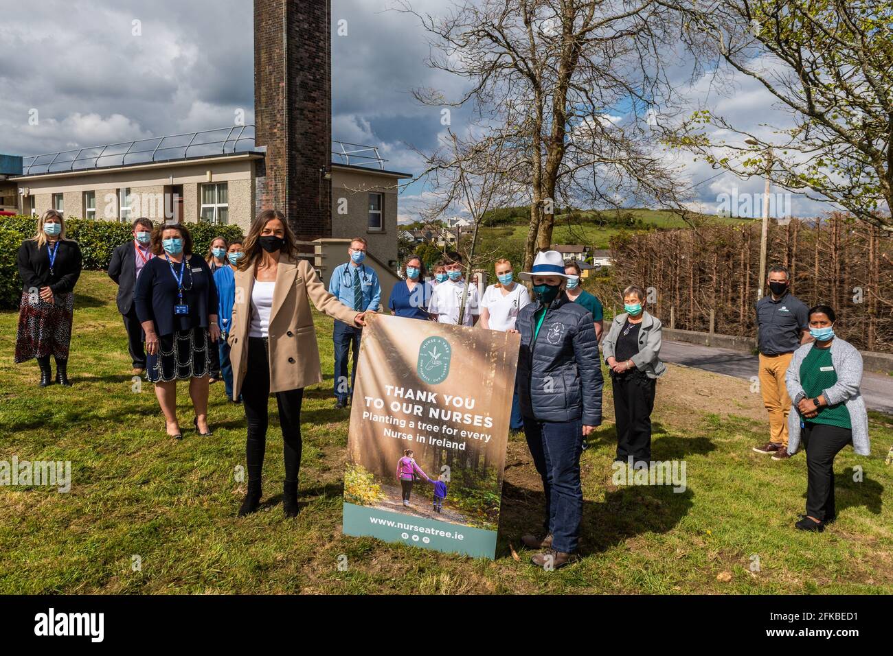 Bantry, West Cork, Ireland. 30th Apr, 2021. Holly Cairns TD planted a birch and oak tree at Bantry General Hospital today as part of the 'Nurse a Tree' initiative. Nurse a Tree plans to plant a tree for every healthcare worker in Ireland, which amounts to 80,000, as a living legacy. Holly Cairns is pictured with Clodagh Connaughton, founder of 'Nurse a Tree' with nursing and hospital staff watching on. Credit: AG News/Alamy Live News Stock Photo