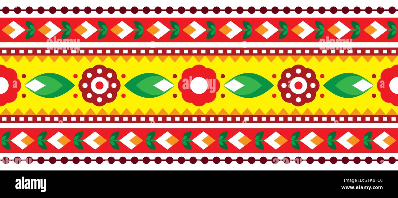 Indian and Pakistani truck art vector seamless pattern long horizontal design, Diwali vibrant textile or fabric print pattern with floral motif Stock Vector
