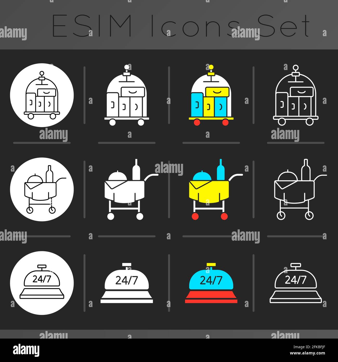 Hotel services dark theme icons set Stock Vector