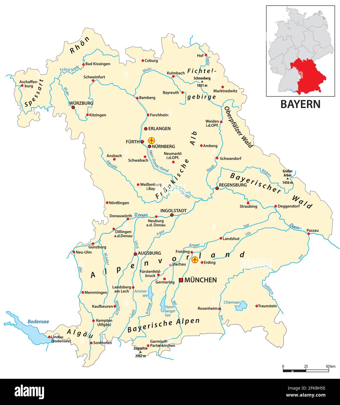 Map of the state of Bavaria in German language Stock Vector