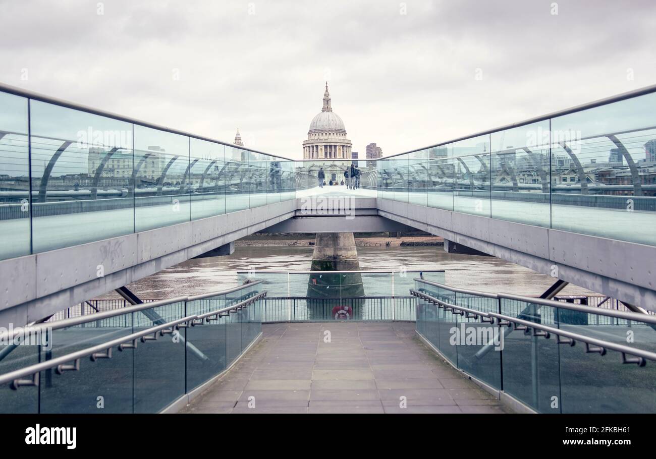 A panoramic view of st pauls cathedral and  entrance to the millennium bridge in London, UK. Stock Photo