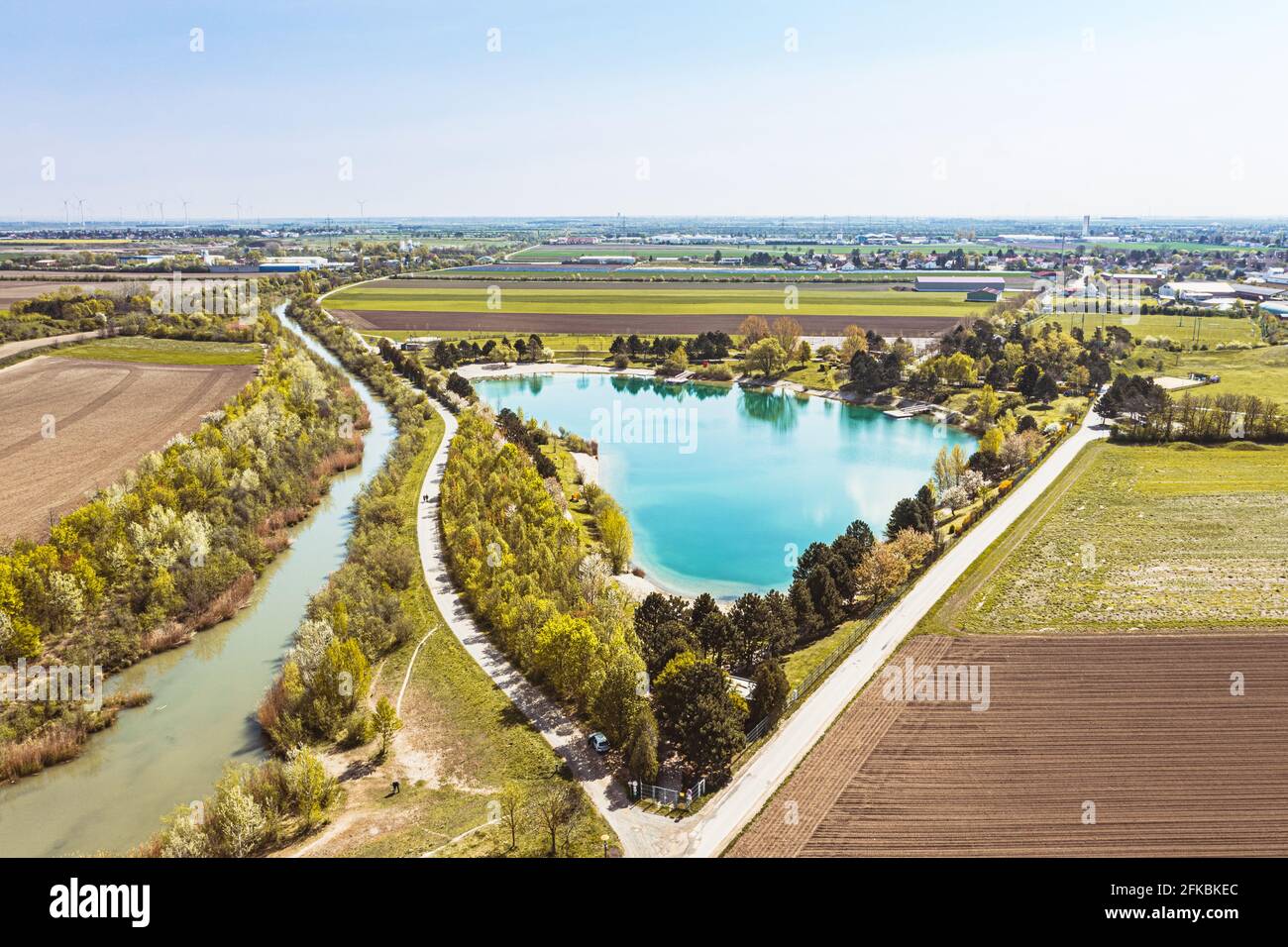 Gerasdorf swimming pond in the Korneuburg district. Weinviertel region in Austria. Stock Photo